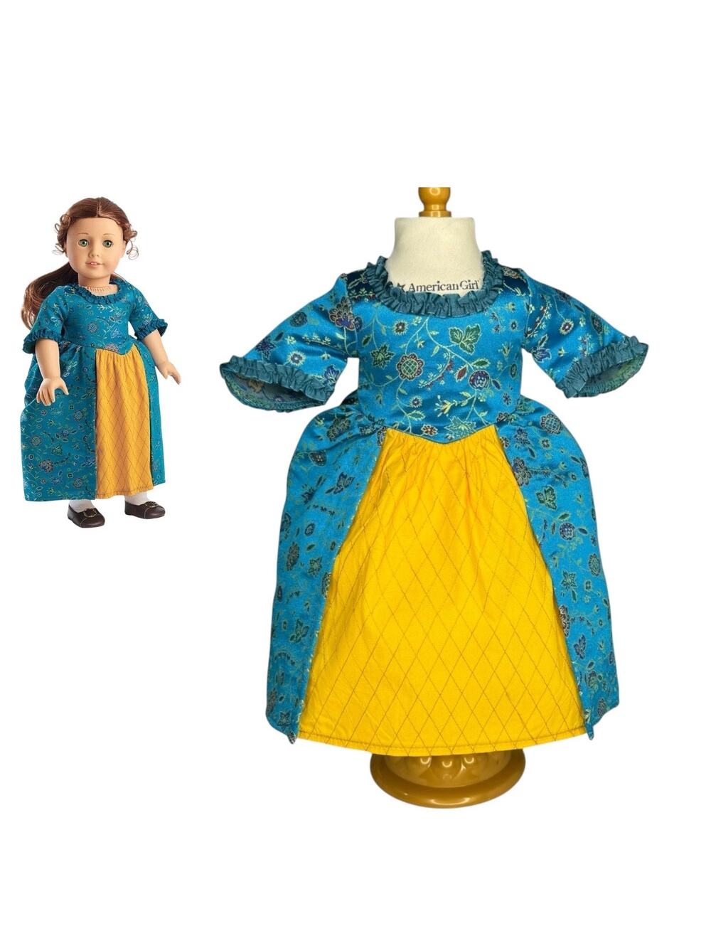 American Girl Felicity Meet Dress BeForever Blue Gold Brocade Gown Ruched Back